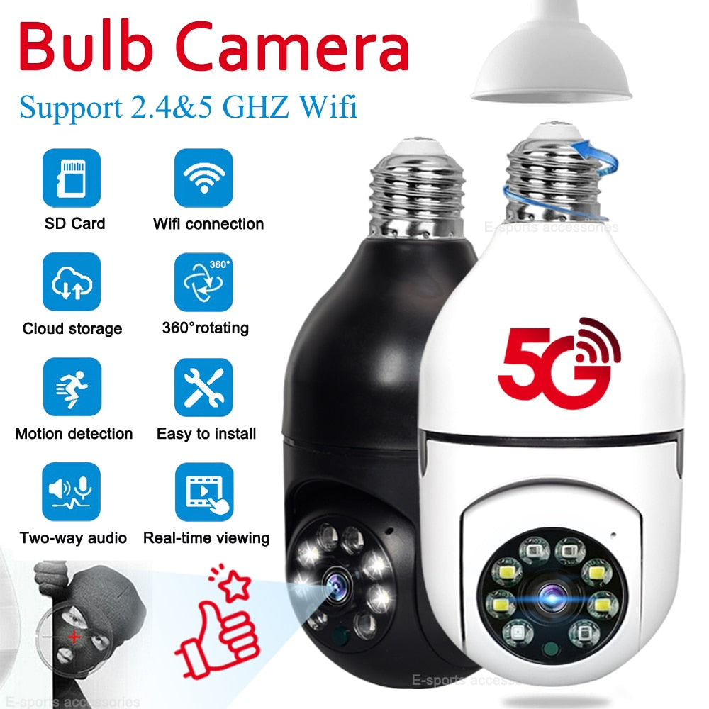 SafeHome™ Light Bulb Camera - 5G Wifi E27 Bulb Surveillance Camera Night Vision Full Color Automatic Human Tracking 4X Digital Zoom Video Security Monitor Cam